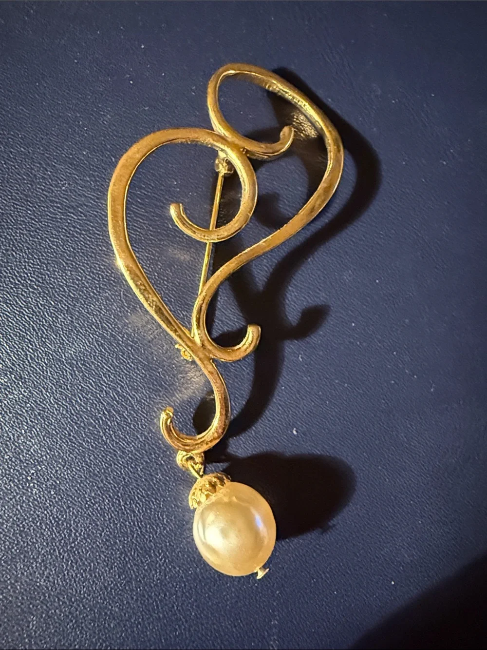 Vintage Napier Gold-Tone Swirl Brooch with Pearl Drop